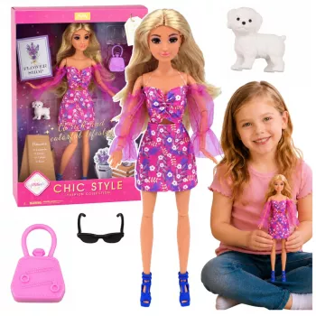 LEAN TOYS Anlily Fashion Doll in Pink Dress, White Dog, Purse, Glasses Set