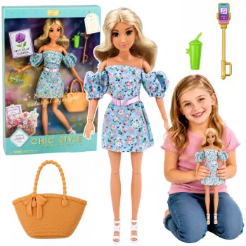 LEAN TOYS Anlily Fashion Doll in Blue Floral Dress, Bag, and Accessories Set