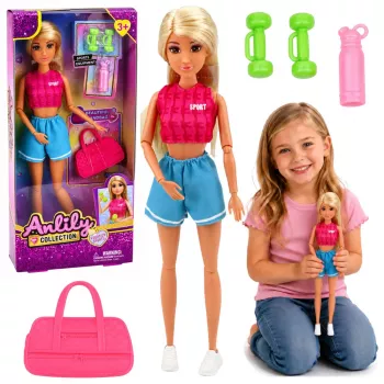 LEAN TOYS Anlily lelle sporta tērpā ar hantelēm, ūdens pudeli, somu un aksesuāriem