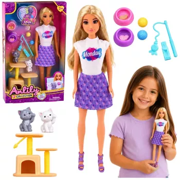 LEAN TOYS Anlily Doll with Kittens Scratching Post Cat Accessories Bowls Toys Set