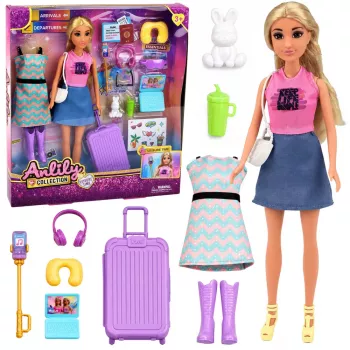 LEAN TOYS Anlily Traveler Doll with Suitcase Travel Pillow Laptop Accessories