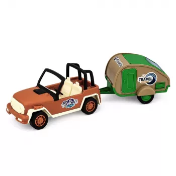 LEAN TOYS Bezceļu auto ar treileri un skaņām Zaļš Brūns Tūristu komplekts