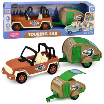 LEAN TOYS Bezceļu auto ar treileri un skaņām Zaļš Brūns Tūristu komplekts