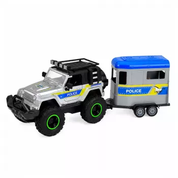 LEAN TOYS Policijas bezceļu auto ar zirgu treileri, gaismas un skaņas komplekts