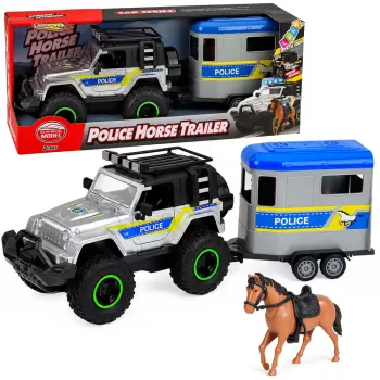 LEAN TOYS Policijas bezceļu auto ar zirgu treileri, gaismas un skaņas komplekts