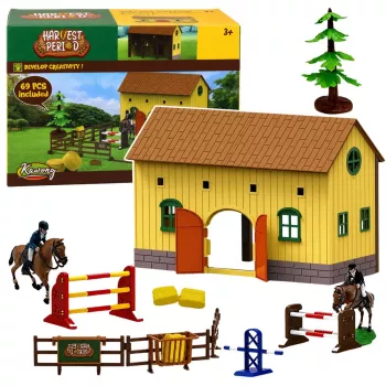 LEAN TOYS Saimniecības Zirgu Stallīšu Komplekts ar Lēkšanas Šķēršļiem, Figūriņām un Aksesuāriem, 69 gab.