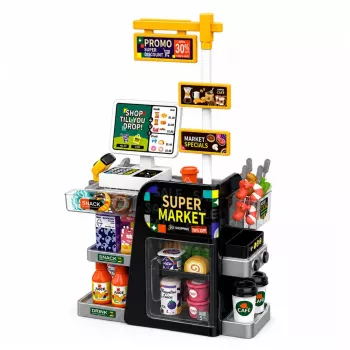 LEAN TOYS Supermarket Cash Register Scanner Beverage Dispenser Lights Sounds 65 pcs.