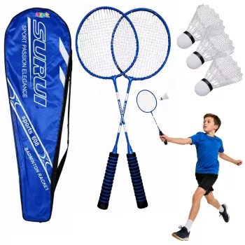 LEAN TOYS Badminton komplekts ar 2 raketēm, 3 volāniņiem un somu - Zils