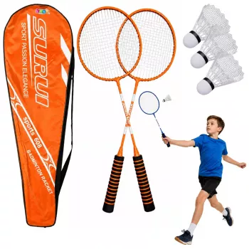 LEAN TOYS Badminton Set, 3 Rackets, Shuttlecocks, Orange Case