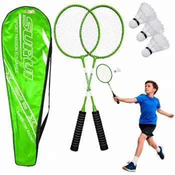 LEAN TOYS Badminton komplekts ar 2 raketēm, 3 volāniem un maciņu, zaļš