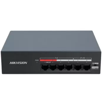 Hikvision DS-XS06-P(O-STD) 6 portu nepārvaldāms PoE+ slēdzis (4 PoE porti, 2 Gigabit augšupsaites, 60W budžets, DIN sliede)