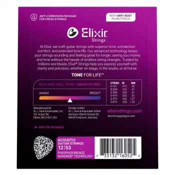 Elixir 16052 Phosphor Bronze Light NANOWEB akustiskās ģitāras stīgas (12-53)