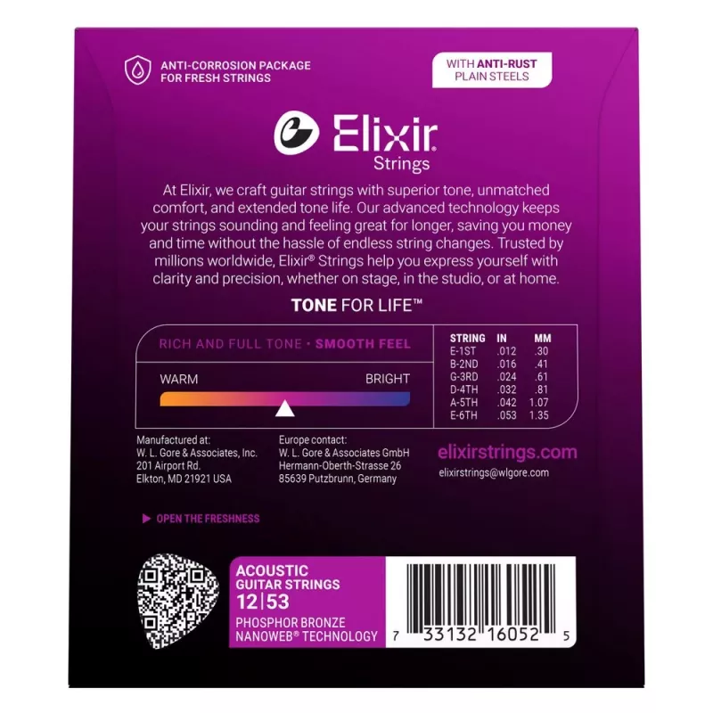 Elixir 16052 Phosphor Bronze Light NANOWEB akustiskās ģitāras stīgas (12-53)