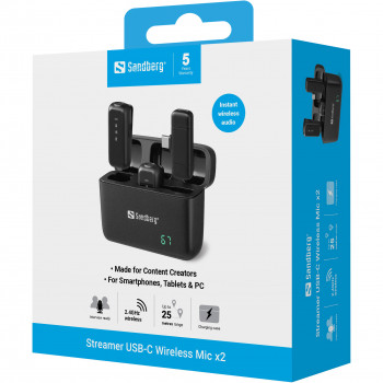 SANDBERG Streamer USB-C bezvadu mikrofoni x2 - dubultais mikrofonu komplekts - 20 Hz - 20 kHz