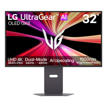 LG UltraGear Evo AI 32GX870B-B 31,5 collu Tandem OLED spēļu monitors, 4K 240Hz / FHD 480Hz, HDR500, USB-C 90W