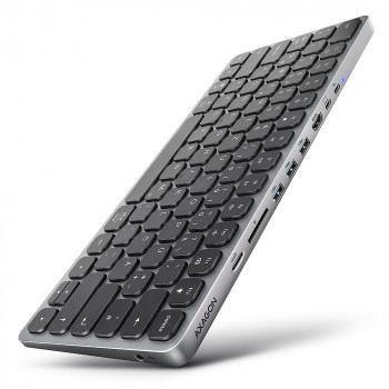 AXAGON HMC-KB-GE USB-C 5 Gb/s tastatūra ar 9-in-1 centrmezglu, vācu izkārtojums, HDMI 4K, Gigabit Ethernet, 100W PD, karšu lasītājs, melna