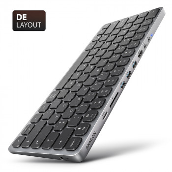 AXAGON HMC-KB-GE USB-C 5 Gb/s tastatūra ar 9-in-1 centrmezglu, vācu izkārtojums, HDMI 4K, Gigabit Ethernet, 100W PD, karšu lasītājs, melna