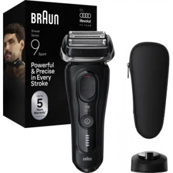 Braun Series 9 Sport 9110s elektriskais skuveklis, mitrā un sausā skūšanās, SyncroSonic tehnoloģija, 5 skūšanās elementi, 60 min darbības laiks, LED displejs, precīzijas trimeris, melns/pelēks