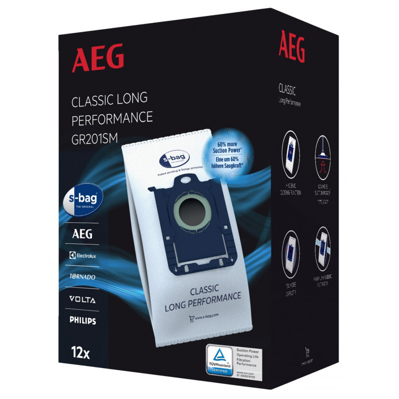 AEG GR201SM s-bag Classic Long Performance putekļu sūcēja maisiņi, 8 gab., zili/balti, VX4 sērijai 900 168 824
