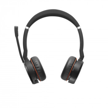 Jabra Evolve 75 MS Stereo bezvadu austiņas ar aktīvo trokšņu slāpēšanu, Microsoft Teams sertifikāts, divkāršs Bluetooth savienojums, Busylight, uz ausīm, melnas