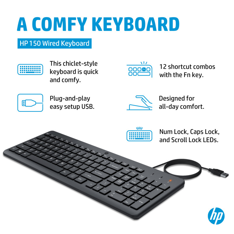 HP 150 vadu tastatūra HE - pilna izmēra USB tastatūra, melna, izturīga pret izšļakstīšanos, ar ciparu taustiņu bloku 664R5AA#ABT