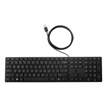 HP Desktop 320K vadu USB klaviatūra - beļģu AZERTY izkārtojums, melna, pilna izmēra ar ciparu tastatūru, izturīga pret šķidruma izšļakstīšanos, domāta plānajiem klientiem un galddatoriem (9SR37AA#AC0)