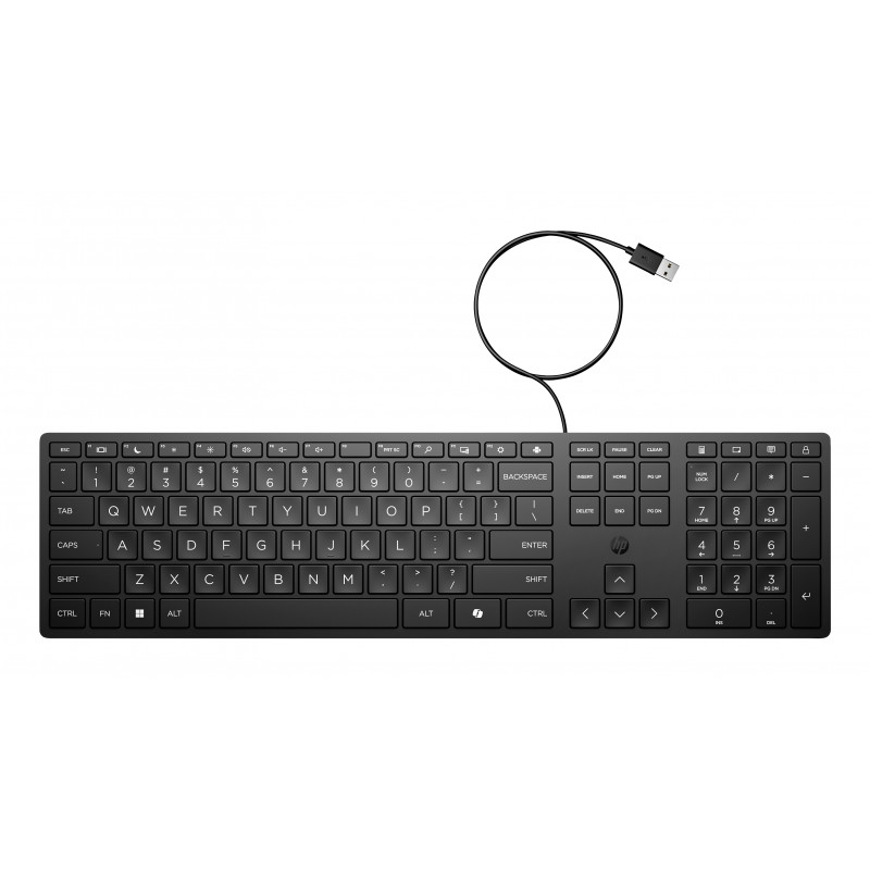 HP Desktop 320K vadu USB klaviatūra - beļģu AZERTY izkārtojums, melna, pilna izmēra ar ciparu tastatūru, izturīga pret šķidruma izšļakstīšanos, domāta plānajiem klientiem un galddatoriem (9SR37AA#AC0)
