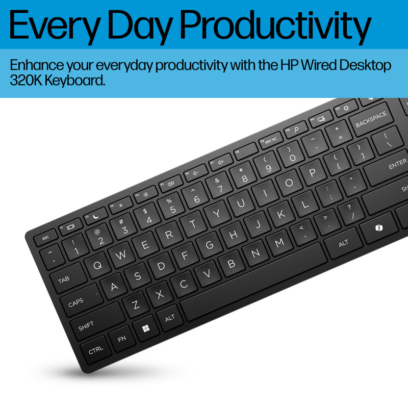 HP Desktop 320K vadu USB klaviatūra - beļģu AZERTY izkārtojums, melna, pilna izmēra ar ciparu tastatūru, izturīga pret šķidruma izšļakstīšanos, domāta plānajiem klientiem un galddatoriem (9SR37AA#AC0)