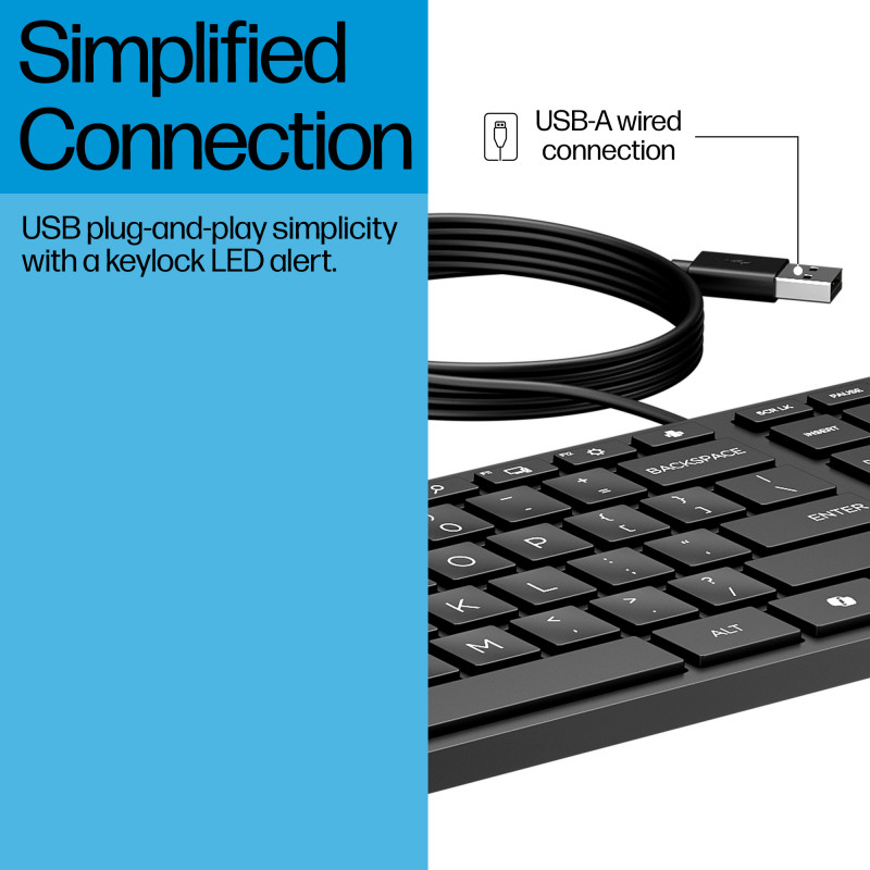 HP Desktop 320K vadu USB klaviatūra - beļģu AZERTY izkārtojums, melna, pilna izmēra ar ciparu tastatūru, izturīga pret šķidruma izšļakstīšanos, domāta plānajiem klientiem un galddatoriem (9SR37AA#AC0)
