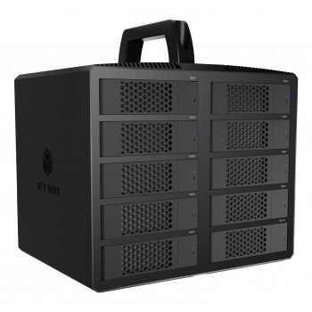 ICY BOX IB-3710-C31 10 ligzdu USB 3.2 Gen 2 JBOD korpuss 2,5 collu/3,5 collu SATA HDD/SSD, Single Mode, USB-C uz C kabelis, 200 W barošanas bloks, melns