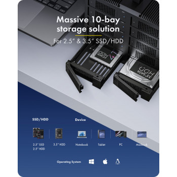 ICY BOX IB-3710-C31 10 ligzdu USB 3.2 Gen 2 JBOD korpuss 2,5 collu/3,5 collu SATA HDD/SSD, Single Mode, USB-C uz C kabelis, 200 W barošanas bloks, melns