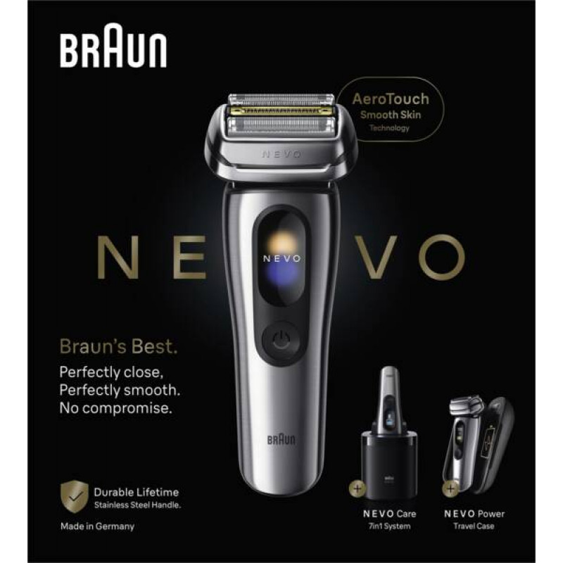 Braun NEVO 17000cc elektriskais skuveklis ar Clean&Charge staciju, 5 režīmi, 360° galva, hroms/sudrabs 349659