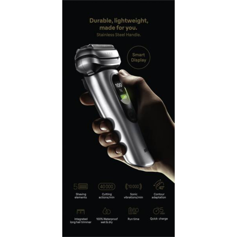 Braun NEVO 17000cc elektriskais skuveklis ar Clean&Charge staciju, 5 režīmi, 360° galva, hroms/sudrabs 349659