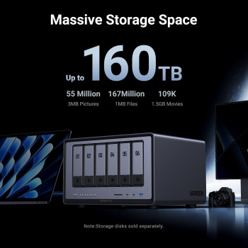 Ugreen NASync DXP6800 Pro 6 līdzu NAS sistēma, Intel Core i5-1235U, 8GB DDR5, 2x10GbE + 2x2.5GbE, 2xM.2 NVMe, 2xUSB3.2 Gen2, HDMI, PCIe 4.0 25899