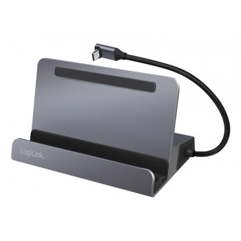 LogiLink UA0408 USB-C dokstacija ar planšetdatora statīvu, HDMI 4K@60Hz, 100W PD, Gigabit Ethernet, sudraba
