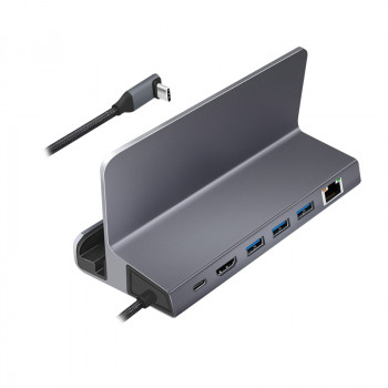 LogiLink UA0408 USB-C dokstacija ar planšetdatora statīvu, HDMI 4K@60Hz, 100W PD, Gigabit Ethernet, sudraba