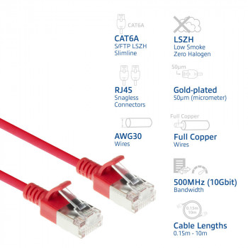 ACT sarkans 7 m LSZH S/FTP CAT6A Slimline tīkla kabelis ar RJ45 savienotājiem (DB7507)