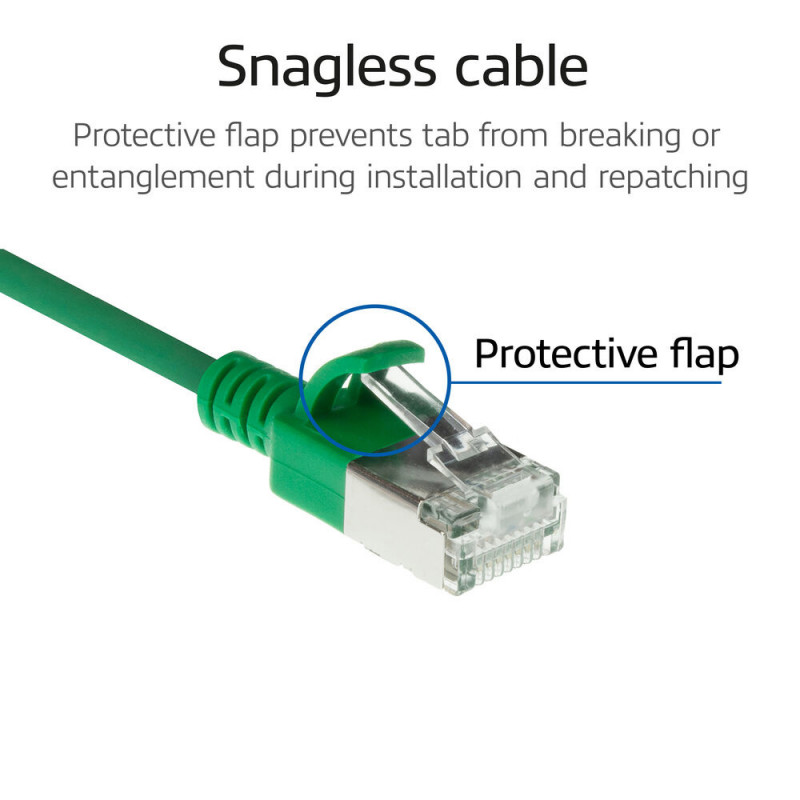ACT Green 10 m LSZH S/FTP CAT6A Slimline komutacinis kabelis be užkabinimo su RJ45 savienotājiem (DB7710)