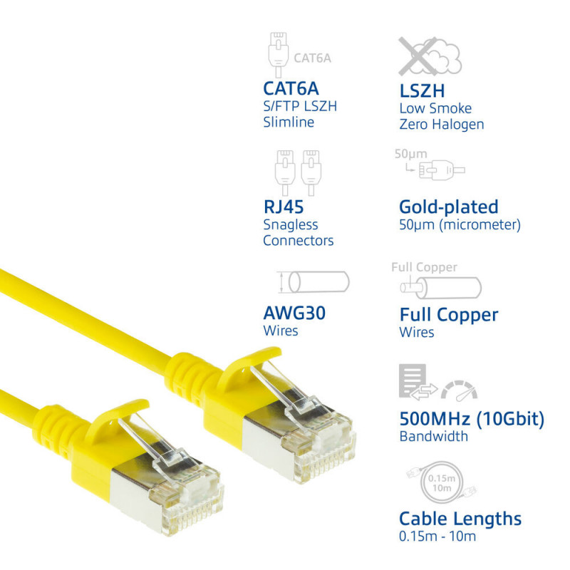 ACT dzeltenais 1,5m LSZH S/FTP CAT6A slimline tīkla kabelis ar snagless RJ45 (DB7851)