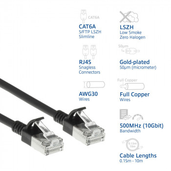 ACT Melna 5m LSZH S/FTP CAT6A Slimline tīkla kabelis ar Snagless RJ45 (DB7905)