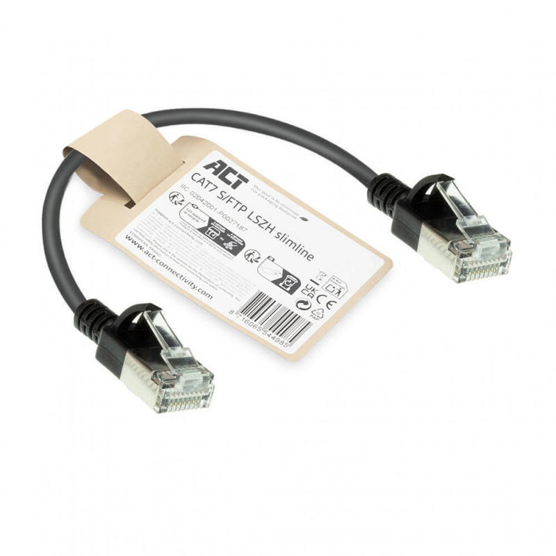 ACT melns 0,25m LSZH S/FTP CAT7 slimline tīkla kabelis ar aizsargātiem RJ45 savienotājiem (DF7952)