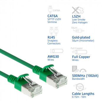 ACT Green 1 m LSZH S/FTP CAT6A Slimline Patch Cable Snagless ar RJ45 savienotājiem (DB7701)