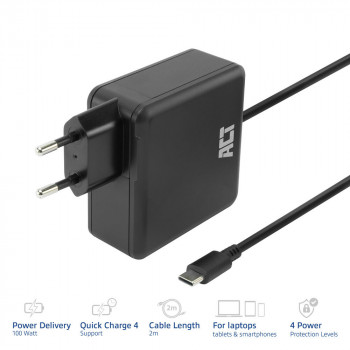 ACT USB-C klēpjdatora sienas lādētājs 100W ar Power Delivery profiliem, 2 m (AC2015)