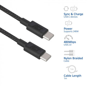 ACT USB 2.0 240W uzlādes/datu kabelis USB-C uz USB-C, melns, 1m (AC3086)