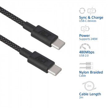 ACT USB 2.0 240W uzlādes/datu kabelis USB-C uz USB-C, melns, 2 m (AC3087)