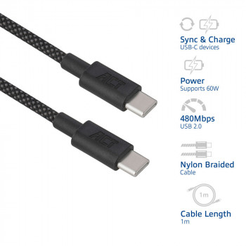 ACT USB 2.0 60W uzlādes/datu kabelis USB-C uz USB-C, melns, 1 metrs (AC3082)