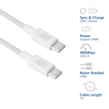 ACT USB 2.0 240W uzlādes/datu kabelis USB-C uz USB-C, balts, 1 m (AC3084)