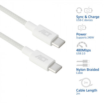 ACT USB 2.0 240W uzlādes/datu kabelis USB-C uz USB-C, balts, 2m (AC3085)