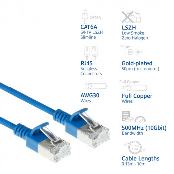 ACT Blue 0,5m LSZH S/FTP CAT6A Slimline tīkla kabelis ar aizsargātiem RJ45 savienotājiem (DB7600)