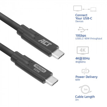 ACT USB-C uz USB-C kabelis 1m 5Gbps 60W PD 4K video - melns AC7443
